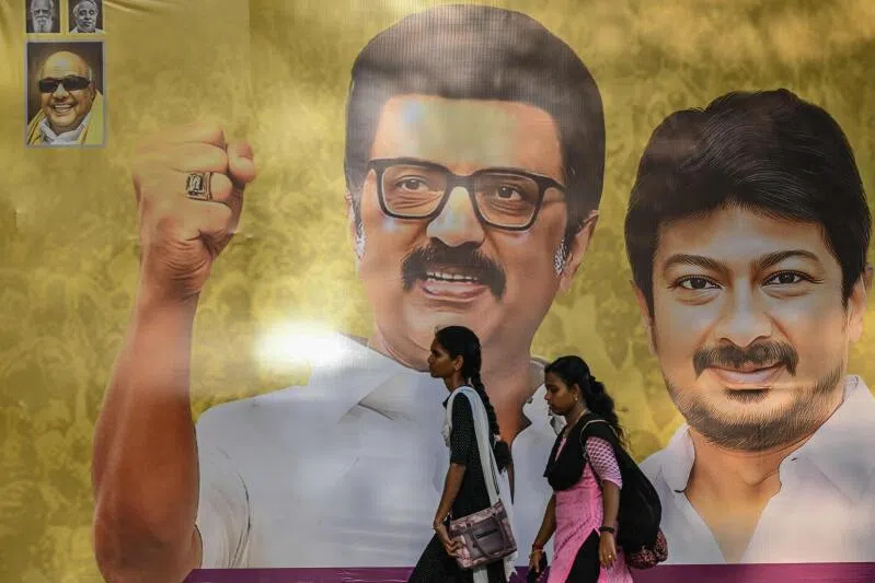 A poster in Chennai, India, featuring Chief Minister of Indian state of Tamil Nadu, M K Stalin (centre) and Deputy Chief Minister Udhayanidhi Stalin.