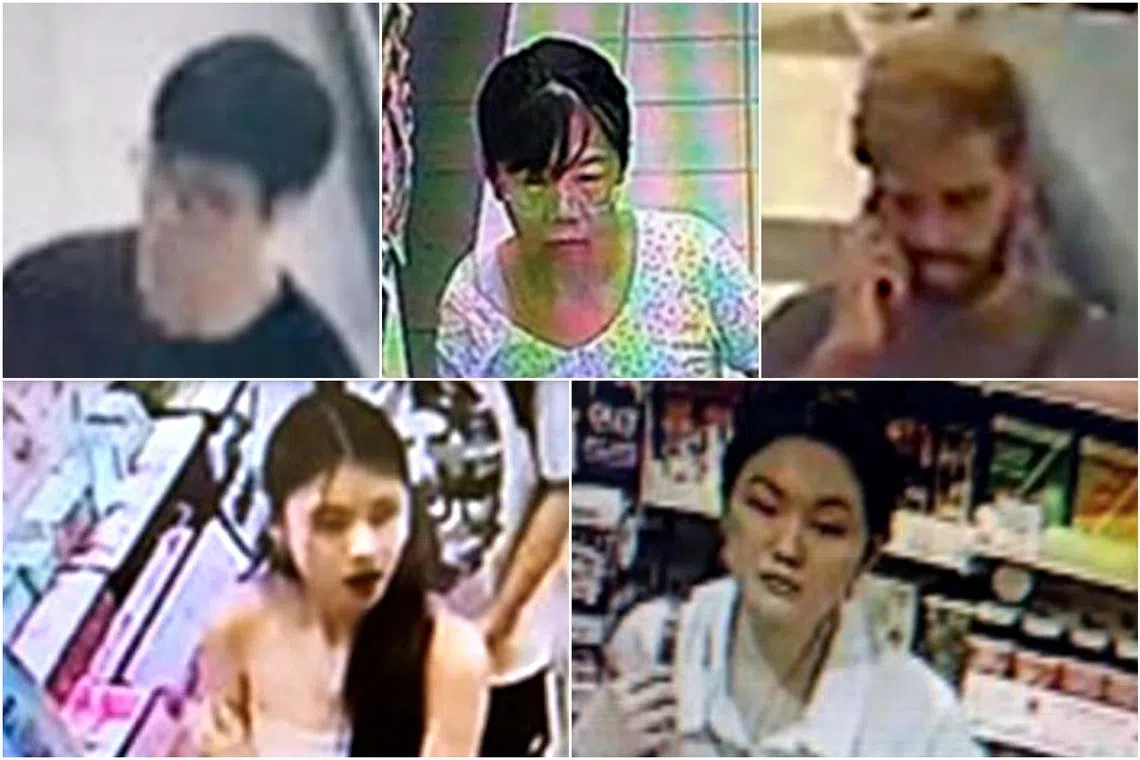 Suspected shoplifters caught on closed-circuit television cameras at Watsons, NTUC FairPrice, Sheng Siong, and Cold Storage from March 2023 to April 2024. 