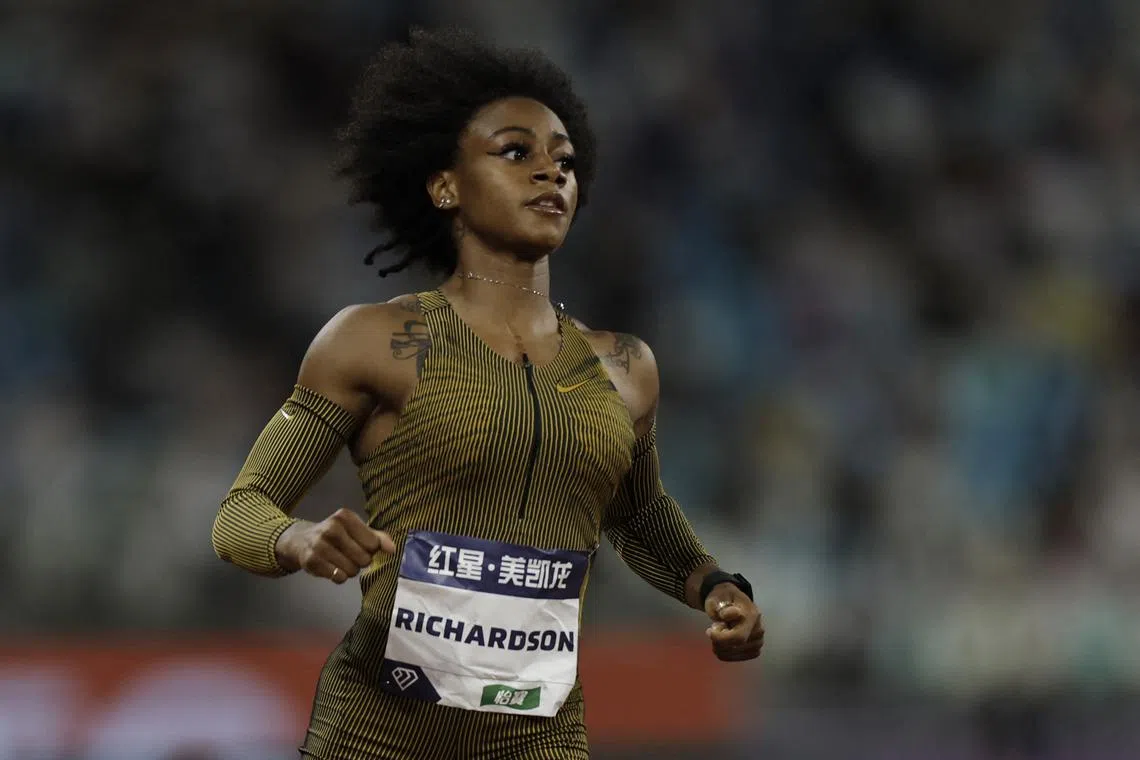 Athletics - Diamond League - Xiamen - Xiamen Egret Stadium, Xiamen, China - April 20, 2024 Sha'carri Richardson of the U.S. reacts after finishing second in the women's 200m final REUTERS/Tingshu Wang/File Photo