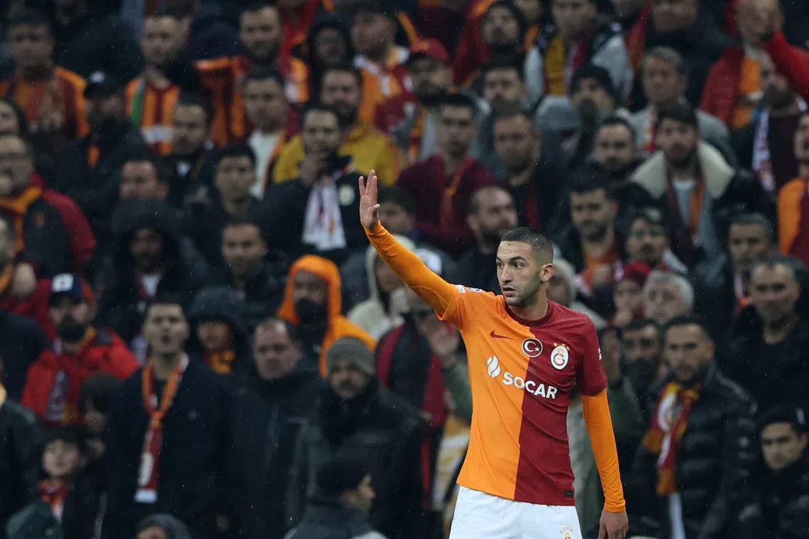 Soccer Football - Champions League - Group A - Galatasaray v Manchester United - RAMS Park, Istanbul, Turkey - November 29, 2023 Galatasaray's Hakim Ziyech reacts REUTERS/Umit Bektas