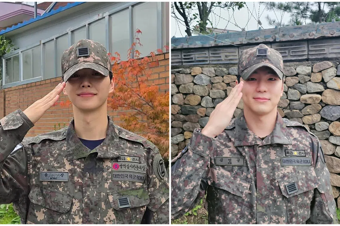 South Korean actors Song Kang (left) and Kim Min-kyu were discharged from the army on Oct 1 and Sept 30 respectively.