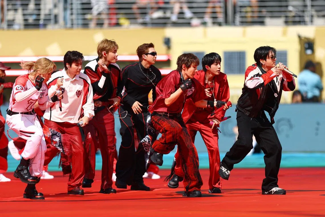 The half-time show featured K-pop group BTS and other stars including Shakira, Madonna and Justin Bieber.