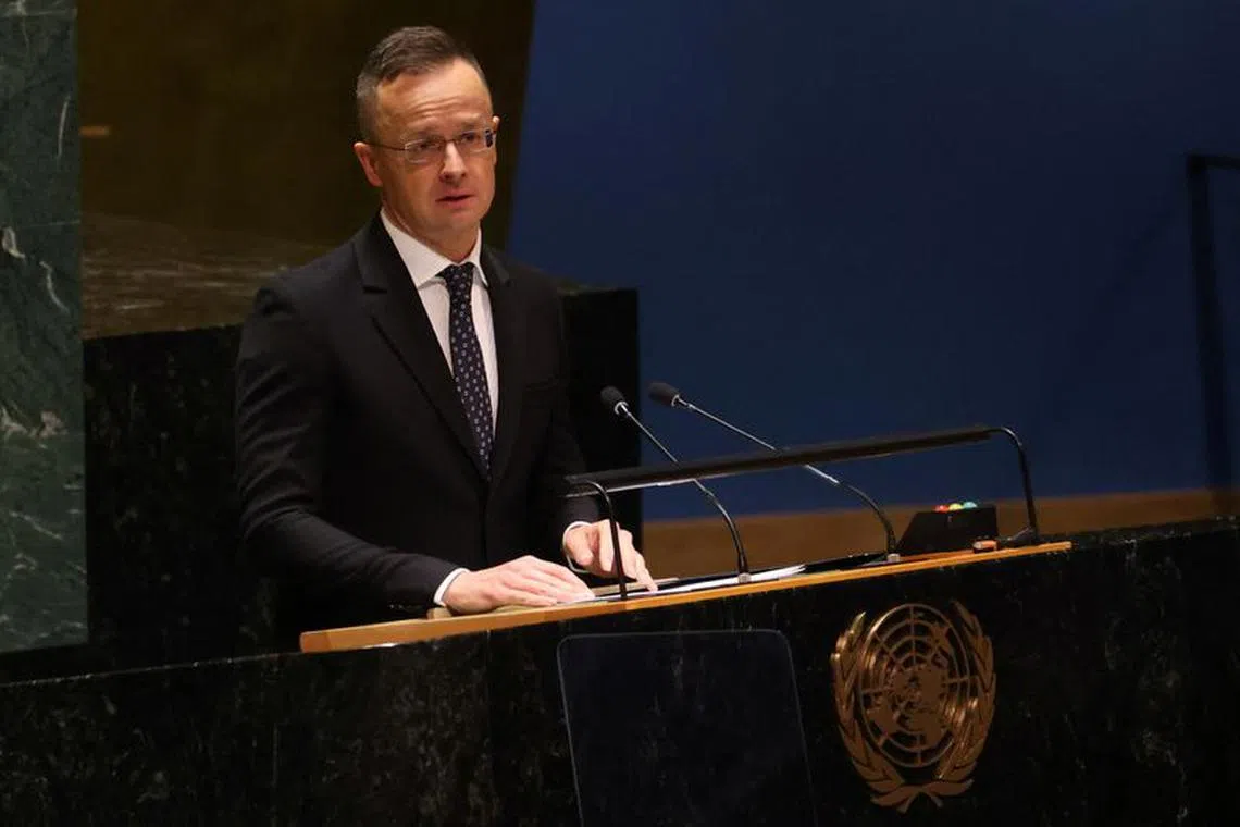 Hungary's Foreign Minister Peter Szijjarto addresses a high-level meeting of the United Nations General Assembly to mark one year since Russia invaded Ukraine and to consider the adoption of a resolution on Ukraine at U.N. headquarters in New York City, New York, U.S., February 23, 2023. REUTERS/Mike Segar/File Photo