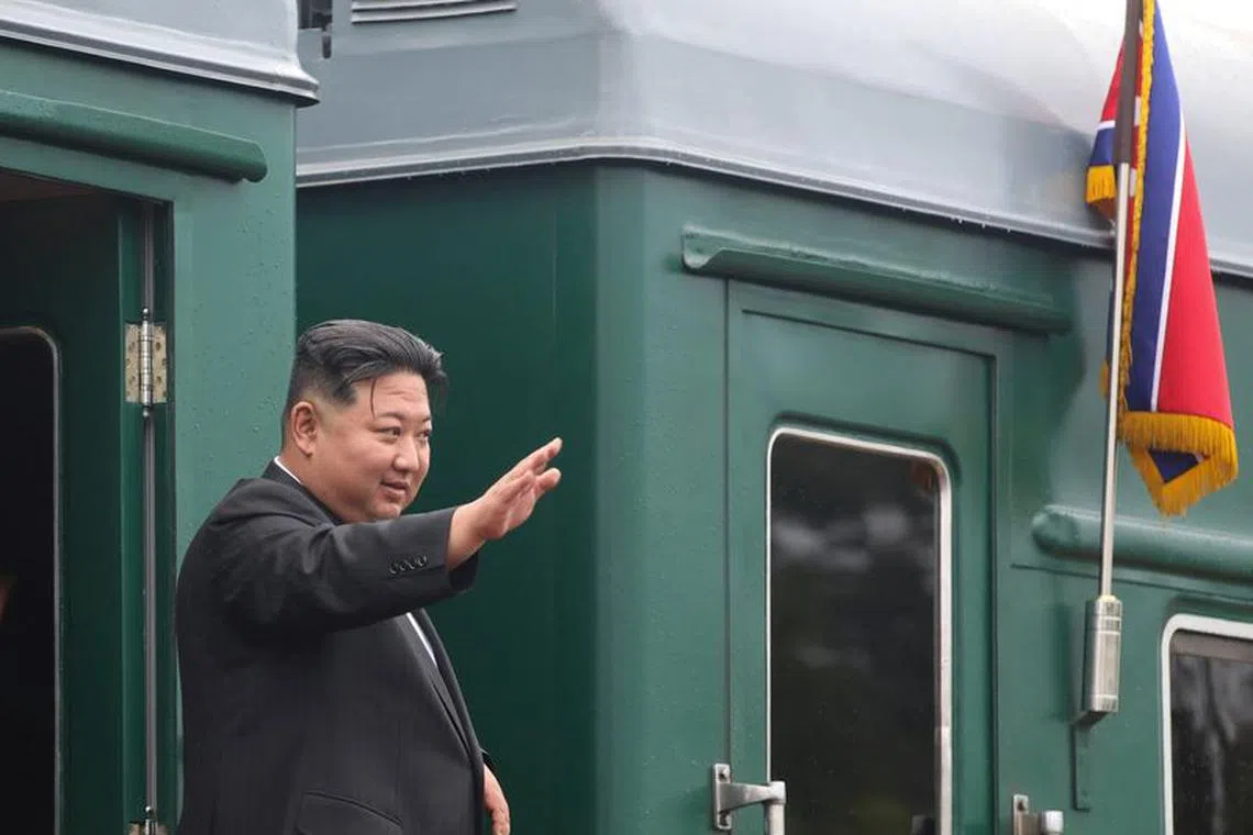 North Korean leader Kim Jong Un waves as he boards his train at a railway station in the town of Artyom outside Vladivostok in the Primorsky region, Russia, September 17, 2023. Government of Russia's Primorsky Krai/Handout via REUTERS/File Photo