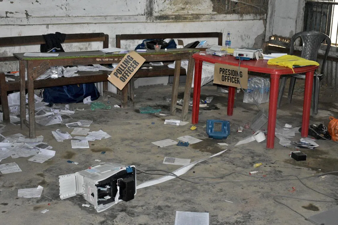 A view of a polling station that was damaged by a crowd during the first phase of the general election, in Khurai in Imphal East, Manipur, India on April 19.     