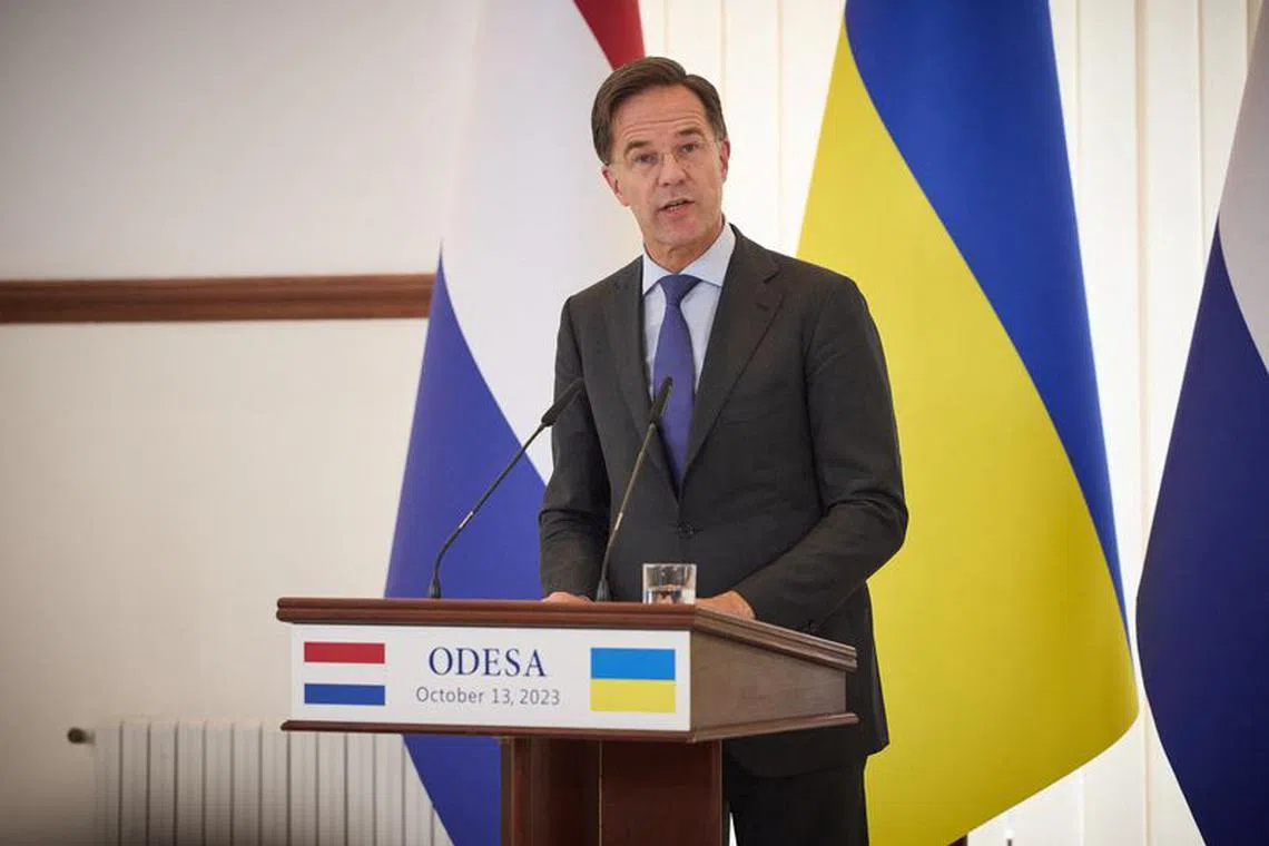 Dutch Prime Minister Mark Rutte attends a joint press conference with Ukraine's President Volodymyr Zelenskiy, amid Russia's attack on Ukraine, in Odesa, Ukraine October 13, 2023. Ukrainian Presidential Press Service/Handout via REUTERS/File photo