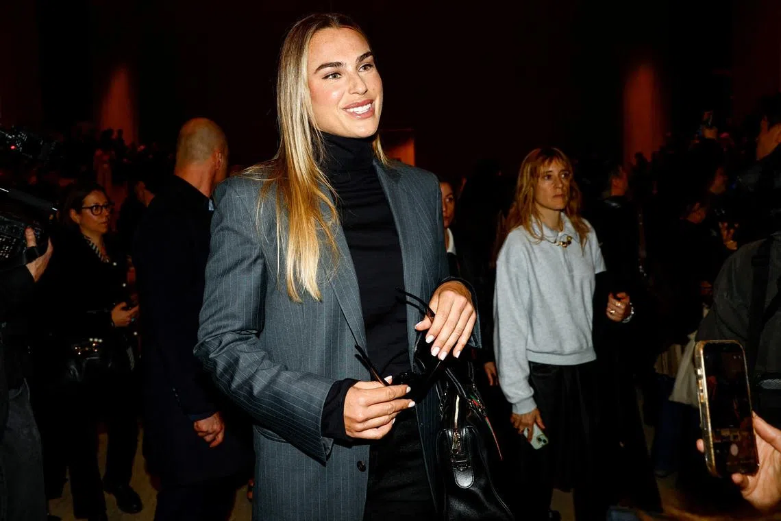 Tennis player Aryna Sabalenka ahead of a catwalk show for Gucci's Fall/Winter 2026/2027 collection during Fashion Week in Milan, Italy, February 27, 2026. REUTERS/Alessandro Garofalo