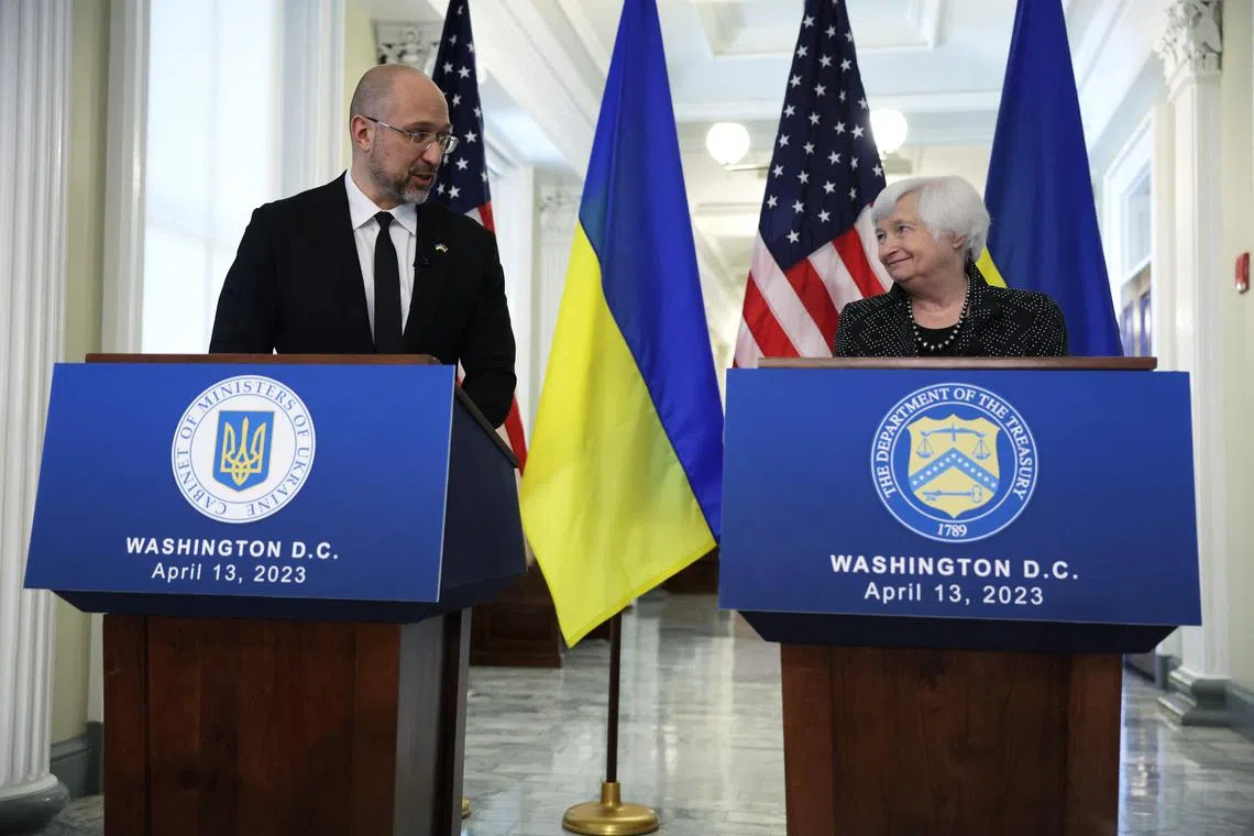 Ukrainian Prime Minister Denys Shmyhal (left) and US Secretary of the Treasury Janet Yellen deliver remarks after their bilateral meeting in Washington.