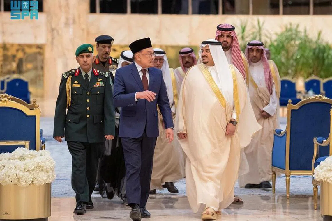 Malaysian Prime Minister, Datuk Seri Anwar Ibrahim, arrives ahead of the Member States of the Gulf Cooperation Council (GCC) and the Association of Southeast Asia Nations (ASEAN) Summit (ASEAN-GCC Summit) in Riyadh, Saudi Arabia October 19, 2023. Saudi Press Agency/Handout via REUTERS