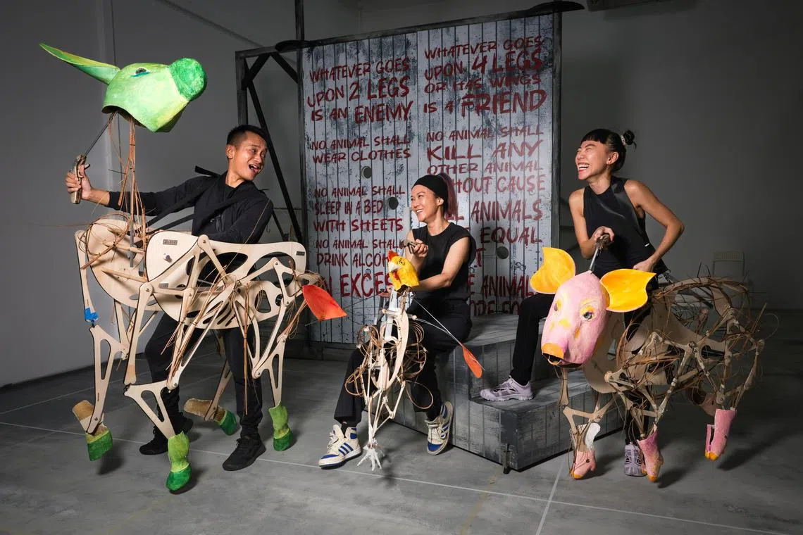 ST20250410_202564800637: Gin Tay/ shsifa23/ Shawn Hoo/
(From left): Portraits of Yazid Jalil, Performer-Puppeteer; Jo Kwek, Performer-Puppeteer; and Tan Rui Shan,Performer-Puppeteer; at Intercultural Theatre Institute, on April 10, 2025.