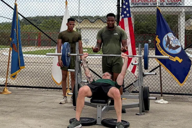 Defence Secretary Pete Hegseth doing his bit to promote fitness and  hard-edged masculinity by pumping iron at a US naval base.