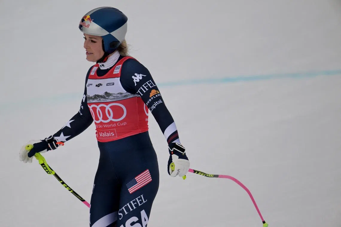 Alpine Skiing - FIS Alpine Ski World Cup - Women's Downhill - Crans-Montana, Switzerland - January 30, 2026 Lindsey Vonn of the U.S. reacts after sustaining an injury following a crash during her run REUTERS/Romina Amato
