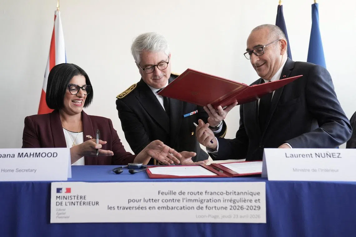 British Home Secretary Shabana Mahmood signs a three-year £662 million agreement with French Interior Minister, Laurent Nunez during her visit to France, April 23, 2026.    Stefan Rousseau/Pool via REUTERS