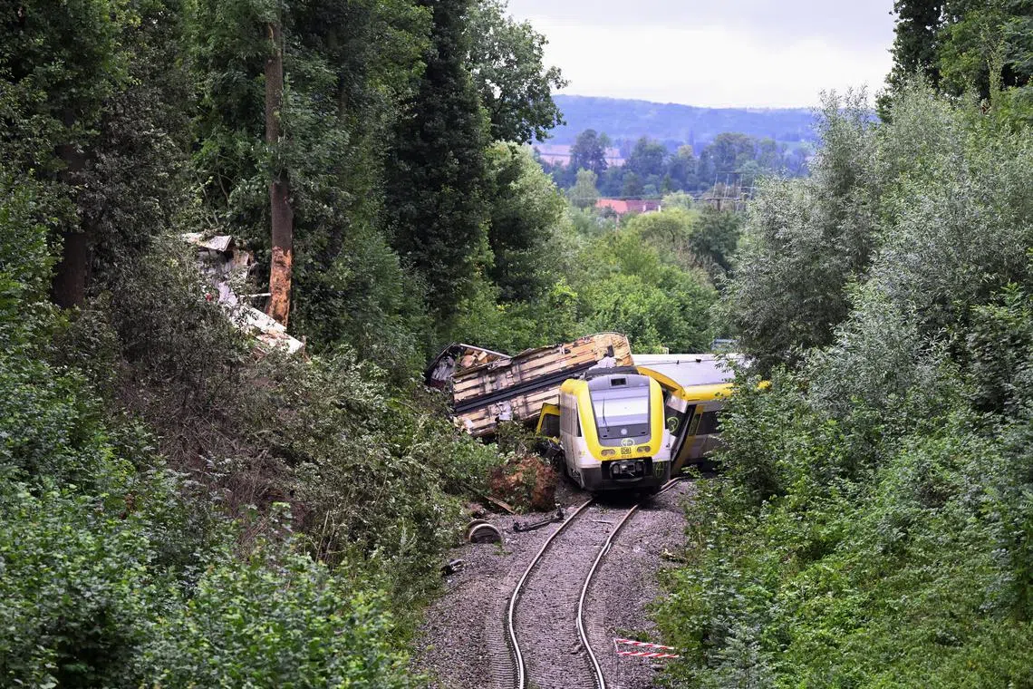 A general view at the site where a local passenger train derailed causing several casualties, in Riedlingen, Germany, on July 28.