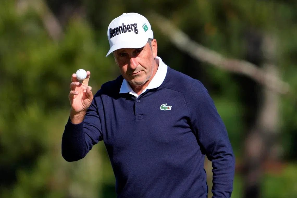Apr 9, 2026; Augusta, Georgia, USA; Jose Maria Olazabal acknowledges the gallery after putting on the seventh green during the first round of the Masters Tournament at Augusta National Golf Club. Mandatory Credit: Katie Goodale-Imagn Images