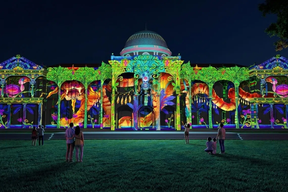 Artist’s impression of Tales Of Earth And Sea, a facade project at the National Museum of Singapore by Indonesian multi-media artist team, The Fox, The Folks.