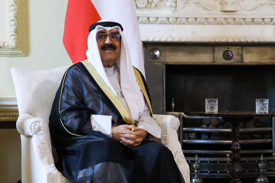 Kuwait's Crown Prince, Sheikh Meshal Al-Ahmad Al-Jaber Al-Sabah meets Britain's Prime Minister Rishi Sunak (not pictured) at 10 Downing Street, in London, Britain, August 29, 2023. REUTERS/Hollie Adams/Pool/ File photo