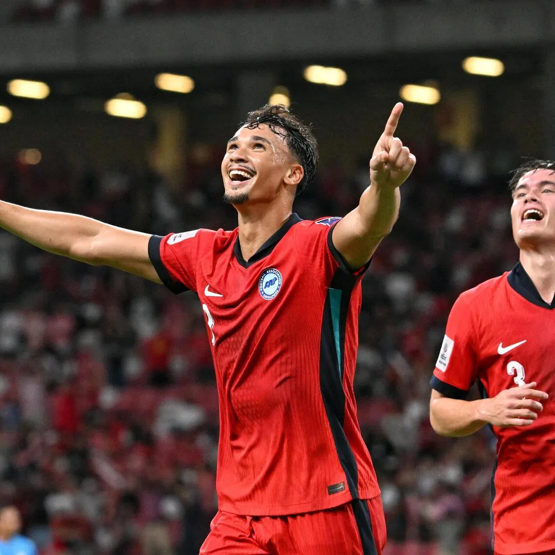 Ikhsan Fandi celebrates after scoring Singapore's goal in the Asian Cup qualifier against India at the National Stadium on Oct 9.