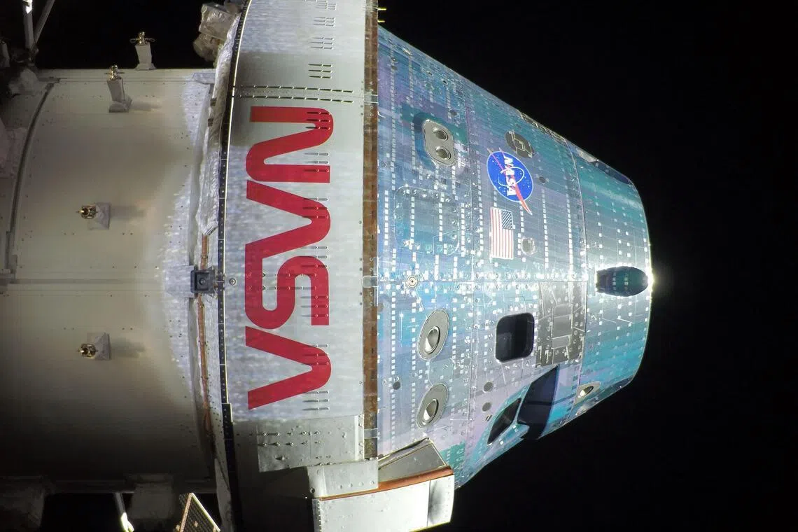 The Orion spacecraft on the second day into the Artemis II mission.