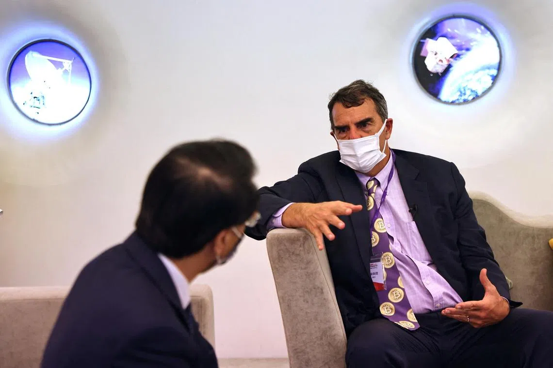 US venture capitalist Tim Draper wearing his Bitcoin tie during a visit to Taiwan on Nov 14, 2022. 
