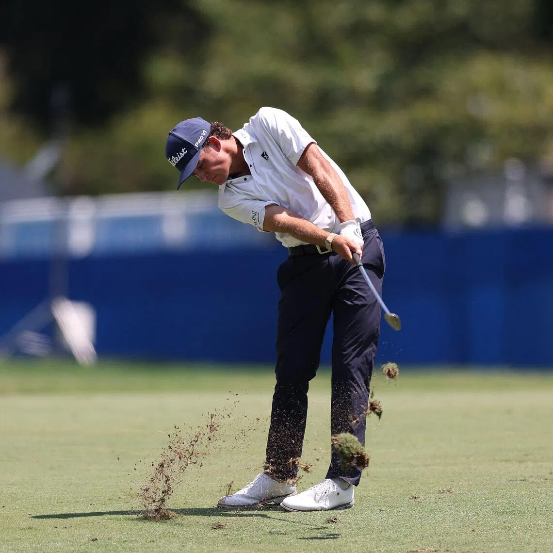 Jackson Koivun of the US playing a shot on the first hole during the final round of the Wyndham Championship on Aug 9.