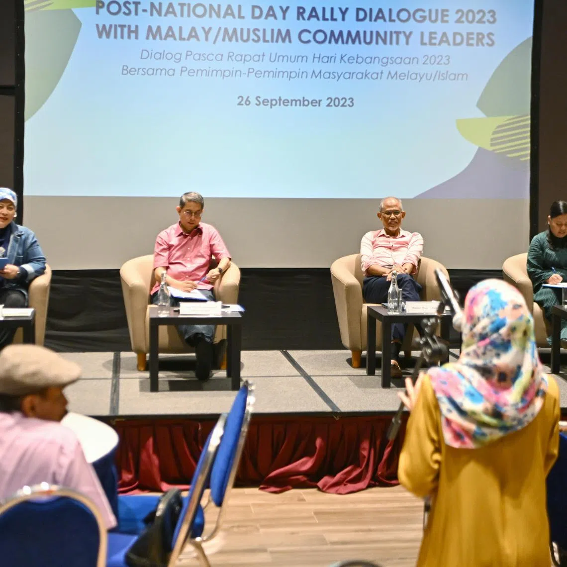 (From left) Chairperson for PA MESRA AJ Suhani (Moderator), Minister of State for Home Affairs Muhammad Faishal Ibrahim, Minister for Social and Family Development Masagos Zulkifli, MP for Sembawang GRC Mariam Jaafar.

/M3 Post-National Day Rally Dialogue Sessions with Malay/Muslim community leaders by The People’s Association (PA) Malay Activity Executive Committees Council (MESRA) at Wisma Geylang Serai on Sep 26, 2023.