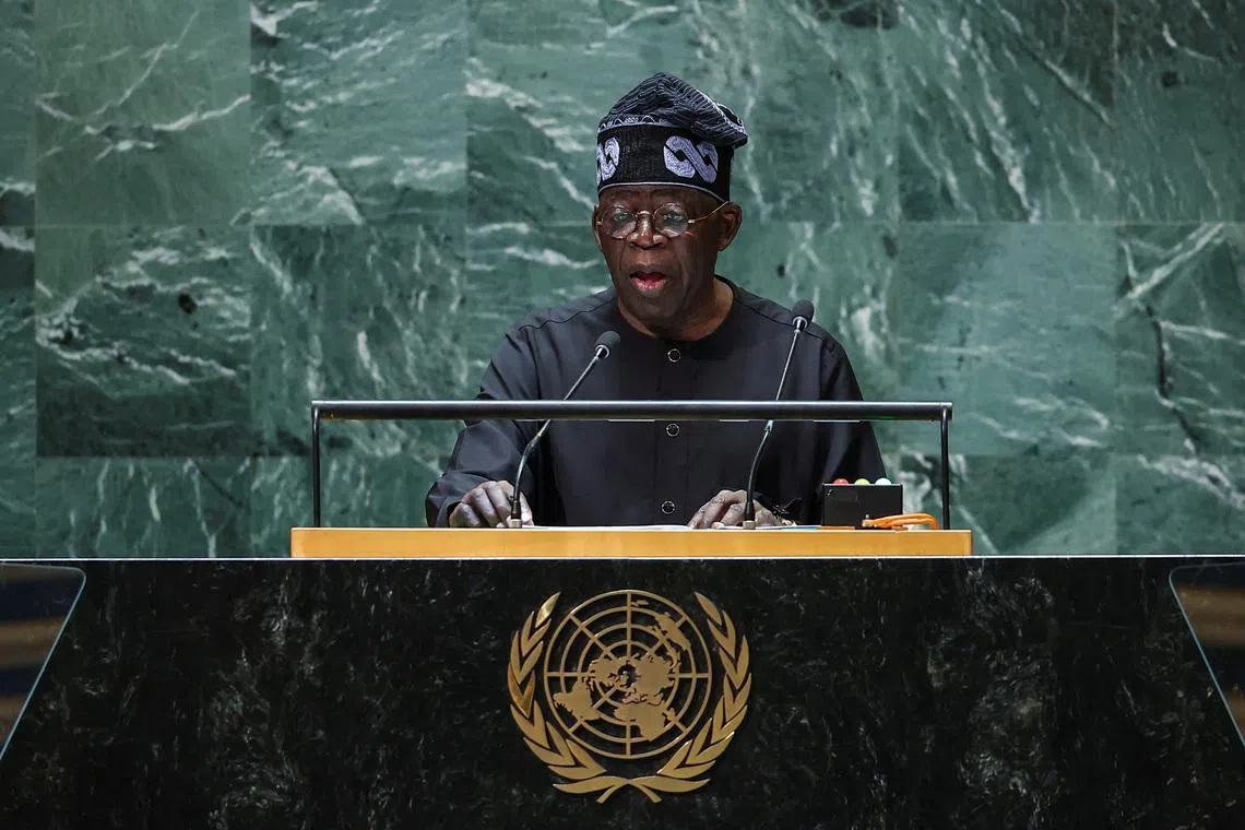 Nigeria's President Bola Ahmed Tinubu addresses the 78th Session of the U.N. General Assembly in New York City, U.S., September 19, 2023.  REUTERS/Eduardo Munoz
