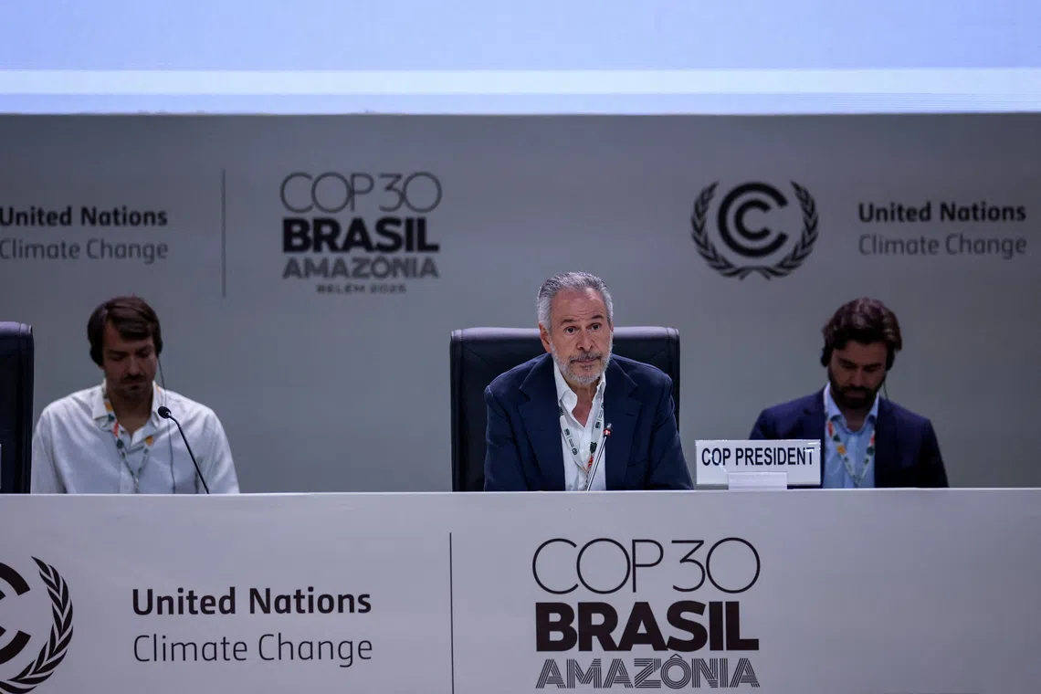 Brazil's COP30 President Andre Correa do Lago during a plenary session in Belem, Brazil, on Nov 21.