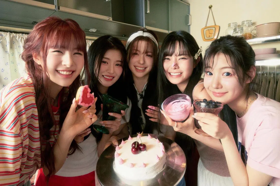 The members of the rebooted K-pop girl group Fifty Fifty (from left) Hana, Athena, Chanelle Moon, Keena and Yewon.