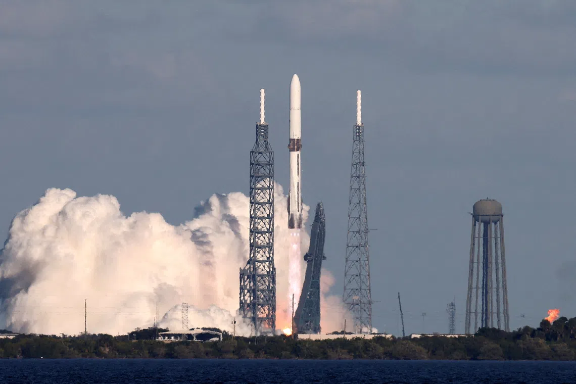 A Blue Origin New Glenn rocket launches on Nasa's EscaPADE mission, which is carrying two satellites to orbit Mars, from the Cape Canaveral, Florida on Nov 13.