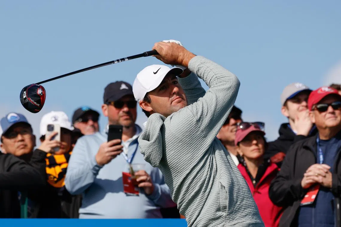 Scottie Scheffler tees off on the ninth hole during the second round of the Pebble Beach Pro-Am.