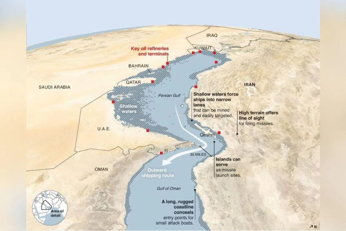 The Strait of Hormuz is narrow and shallow, forcing ships within miles of Iran’s mountainous shores.