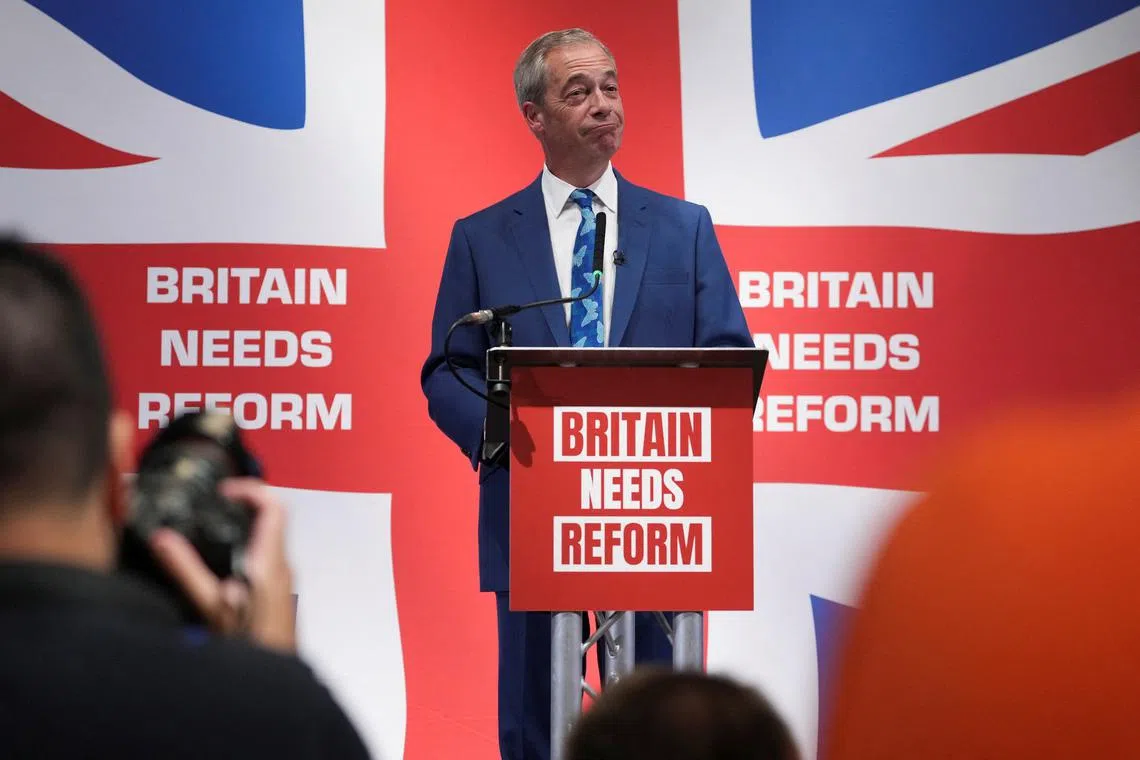 Honorary President of the Reform UK party Nigel Farage reacts during a press conference in London, Britain, June 3, 2024. REUTERS/Maja Smiejkowska/File Photo
