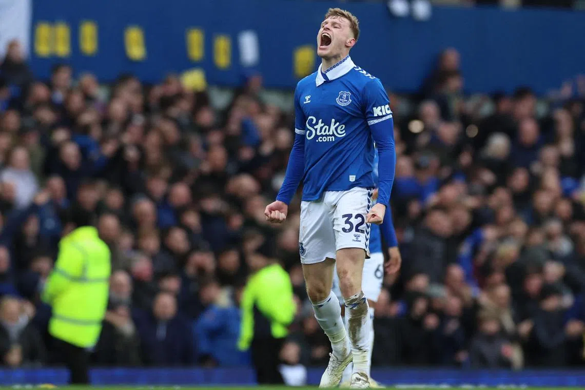 Everton's Jarrad Branthwaite celebrates scoring their second goal in the 2-2 Premier League draw with Tottenham Hotspur.
