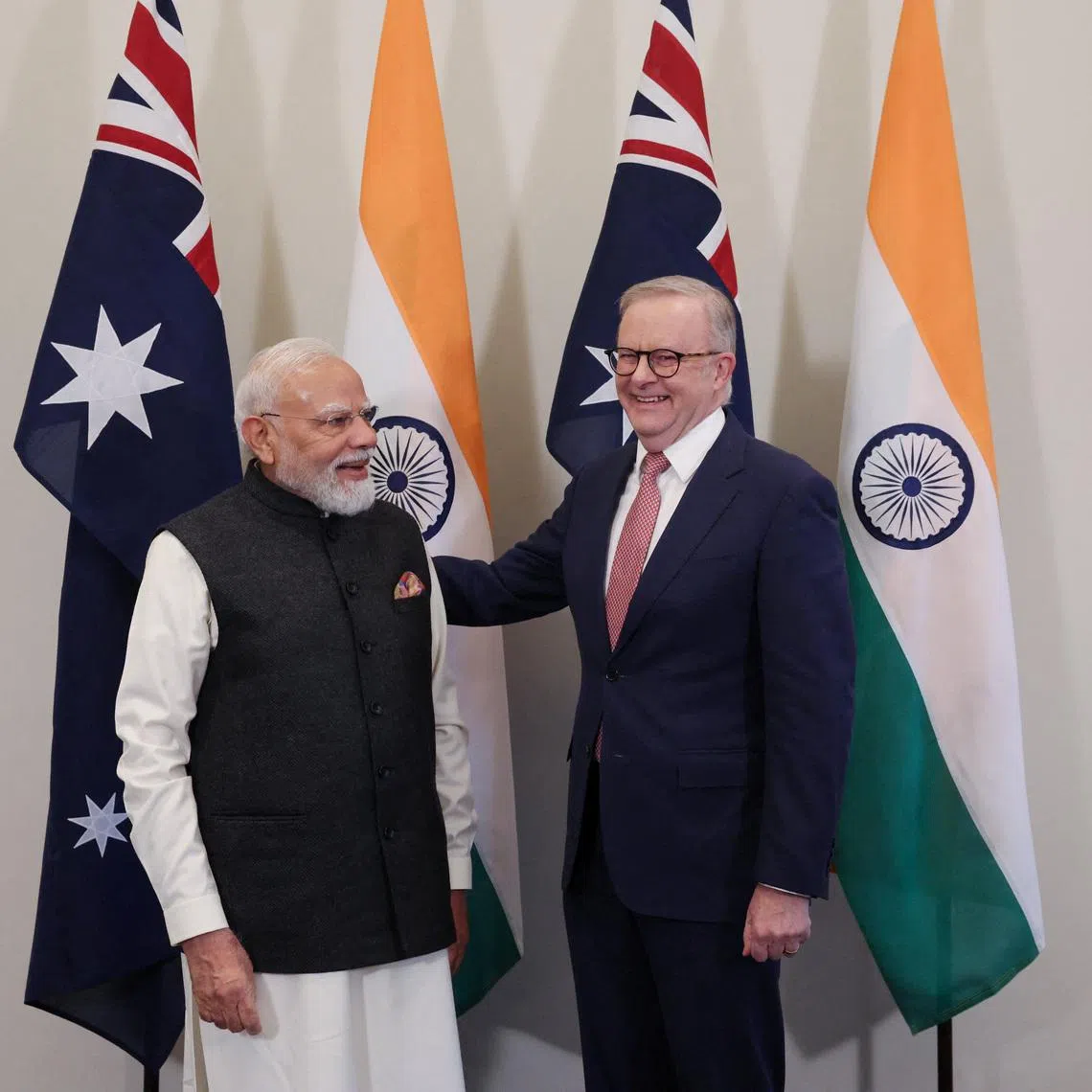 Australian Prime Minister Anthony Albanese and Indian Prime Minister Narendra Modi react ahead of the CEO Forum and Economic Roadmap Business Reception in Melbourne, Australia, July 9, 2026.  REUTERS/Hollie Adams