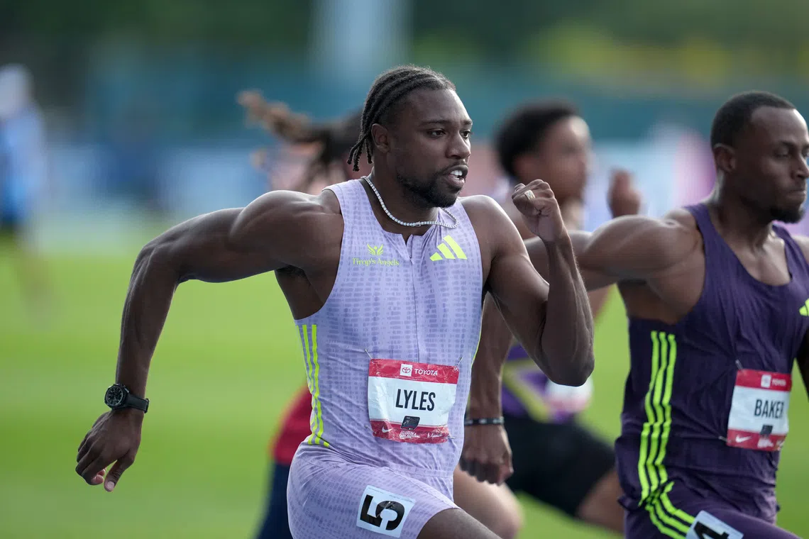 Jul 24, 2026; New York, NY, USA; Noah Lyles wins 100m semifinal in a wind-aided 9.76 during the USATF Championships at Icahn Stadium. Mandatory Credit: Kirby Lee-Imagn Images