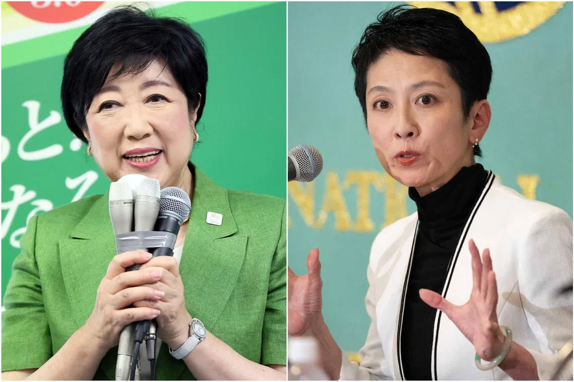 One of Tokyo governor Yuriko Koike’s (left) most serious challengers is Ms Renho, a former model and TV anchor.