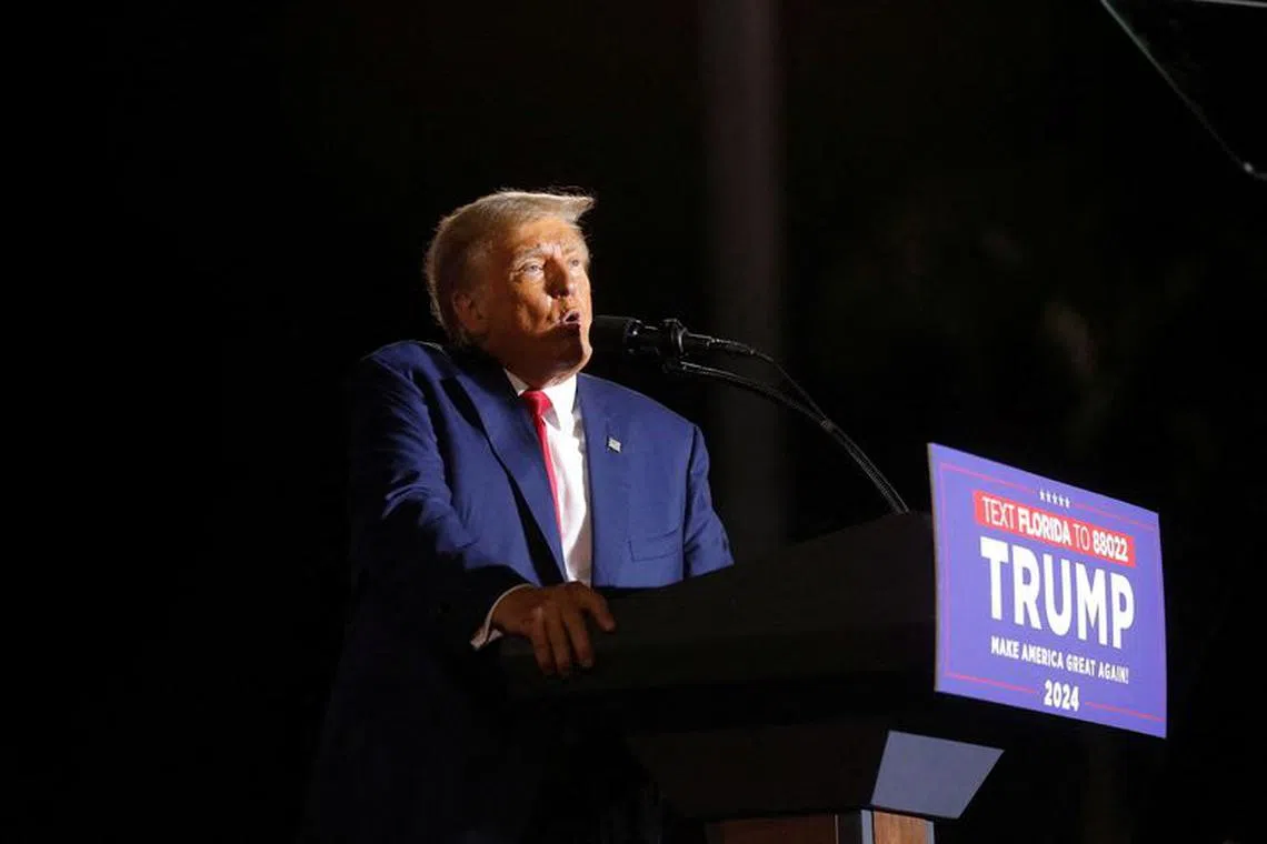 FILE PHOTO: Republican presidential candidate and former U.S. President Donald Trump speaks during a campaign rally at Ted Hendricks Stadium in Hialeah, Florida, U.S. November 8, 2023. REUTERS/Octavio Jones/File Photo