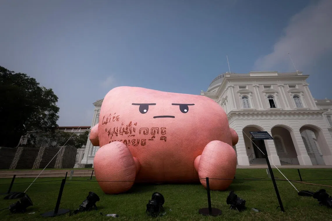 The Stoney mascot, inspired by the Singapore Stone, at the National Museum of Singapore on Sept 29.