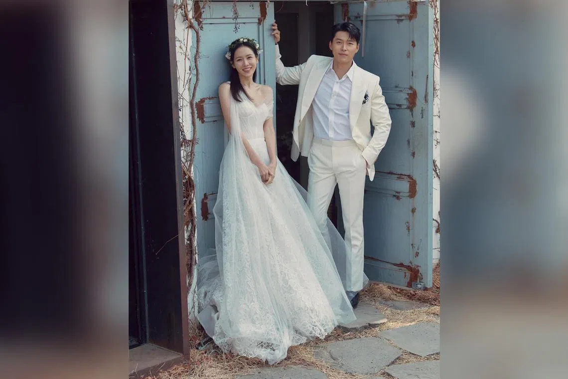 Son Ye-jin marked her wedding anniversary to actor Hyun Bin by sharing on social media on March 31 two previously unreleased wedding photos.