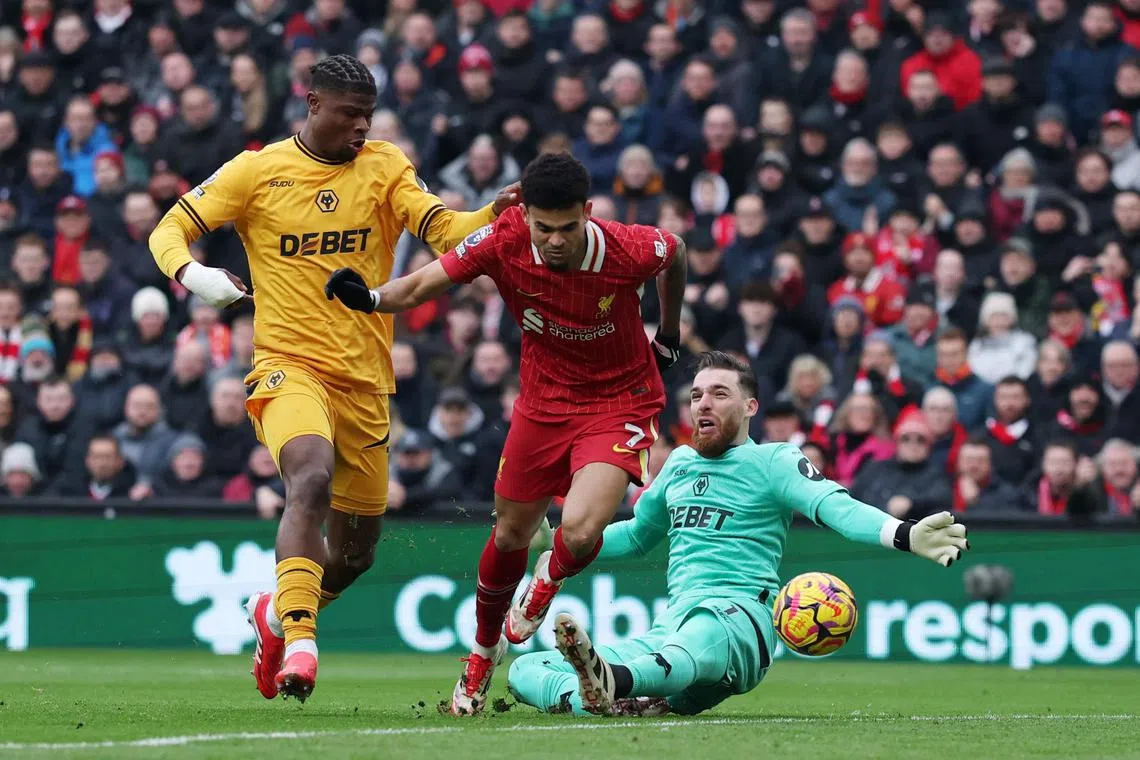 Liverpool's Luis Diaz scores against Wolverhampton Wanderers in their Premier League clash.