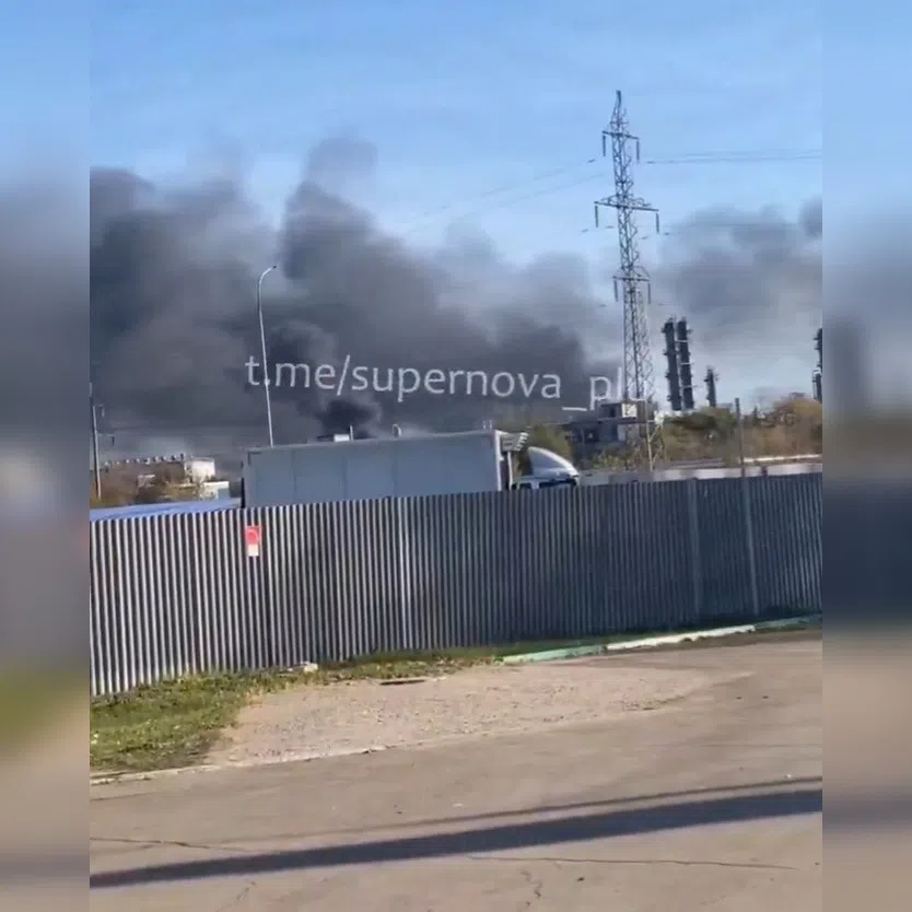 A screenshot from a video circulating online that is said to show Ukraine’s attack on a major petrochemical plant in Russia.