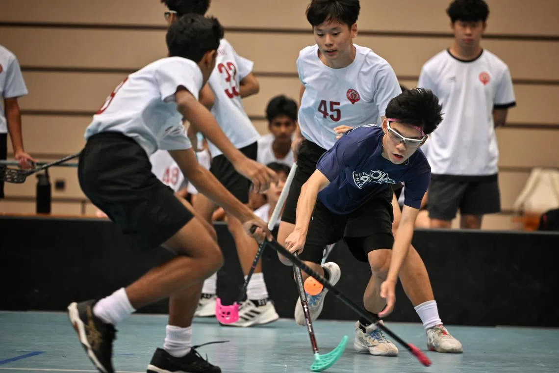 Victoria School's Vincent Hyun (No. 45) featuring in the National School Games B Division boys' floorball final against Catholic High School at Our Tampines Hub on April 15, 2025.