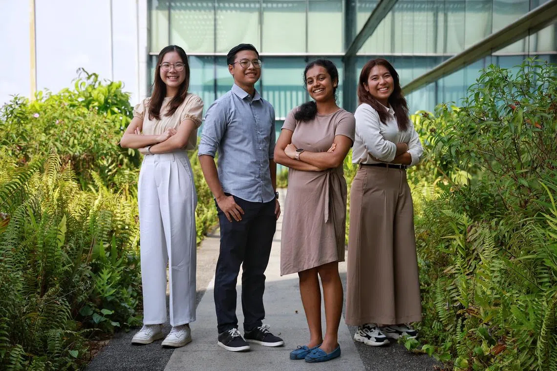(From left) NUS students Hilary Moh (Dentistry), Muhammad Amir Mohamed Imran (Nursing Studies), Kanesananthan Yahrliny (Pharmacy) and Yunn Honey Aye Kyaw (Medicine) took one of the common curriculum courses as part of a pilot in 2022.
