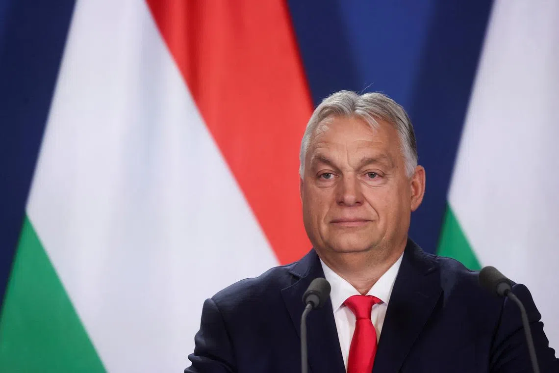 Hungarian Prime Minister Viktor Orban looks on as he gives a statement next to Serbian President Aleksandar Vucic (not pictured) in Budapest, Hungary, November 14, 2024. REUTERS/Bernadett Szabo/File photo