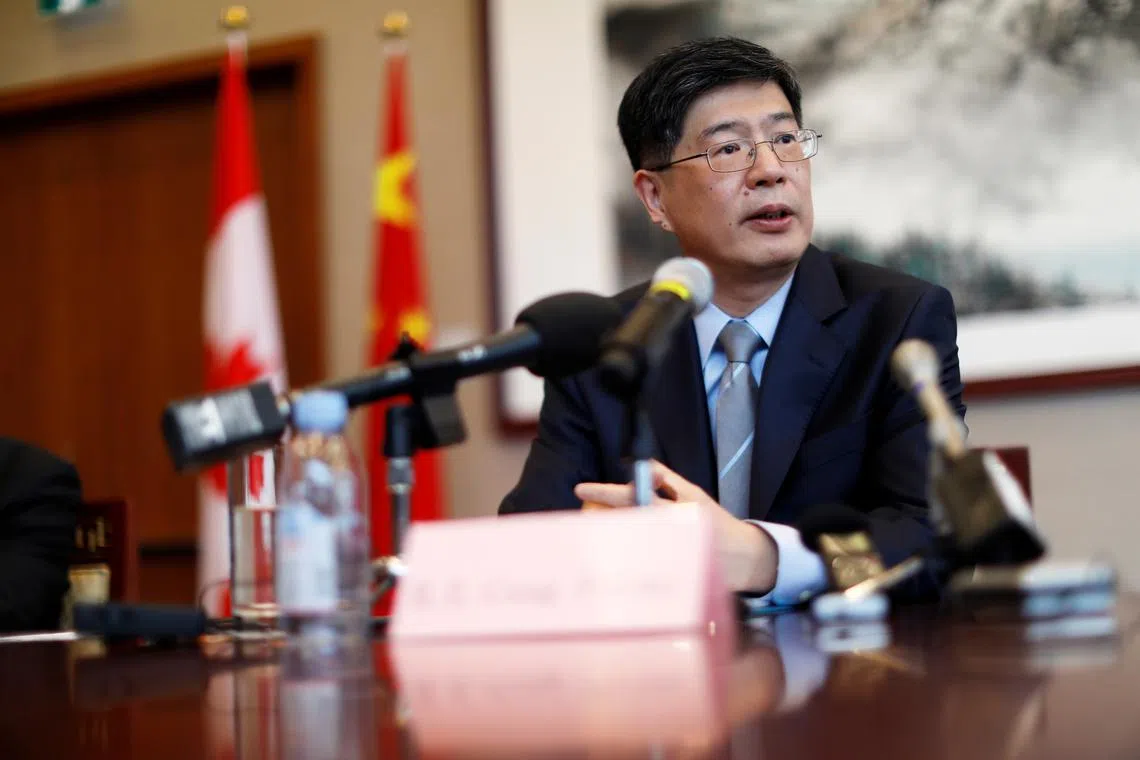 China's new ambassador to Canada Cong Peiwu speaks during a news conference for a small group of reporters at the Chinese Embassy in Ottawa, Canada November 22, 2019.  REUTERS/Blair Gable/File Photo