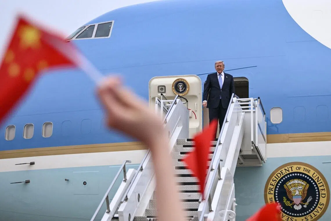 US President Donald Trump boarding Air Force One before his departure from Beijing on May 15.
