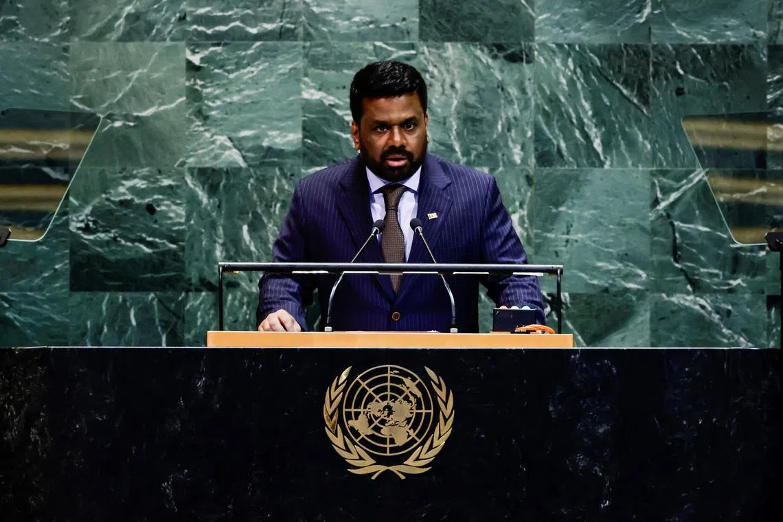 FILE PHOTO: Sri Lanka's President Anura Kumara Dissanayake addresses the 80th United Nations General Assembly at U.N. headquarters in New York, U.S., September 24, 2025. REUTERS/Eduardo Munoz/File Photo