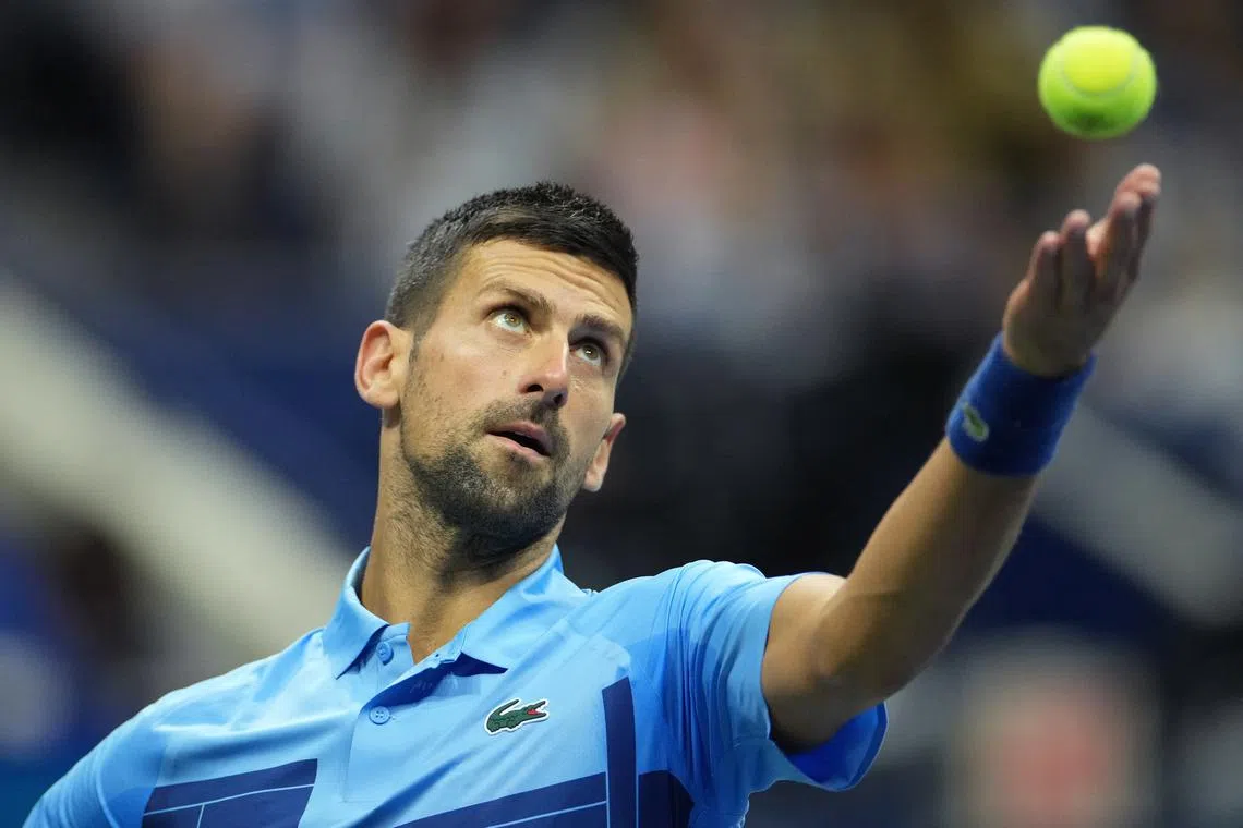FILE PHOTO: Tennis - U.S. Open - Flushing Meadows, New York, United States - August 30, 2024 Novak Djokovic of Serbia in action against Alexei Popyrin of Australia in a third round match. REUTERS/Eduardo Munoz