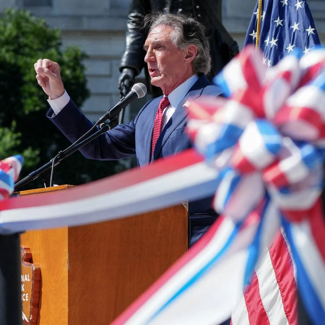 U.S. Interior Secretary Doug Burgum speaks during the ceremonial reopening of Freedom Plaza to mark \"the revitalization of one of the nation's most prominent civic gathering spaces\" with new statues, including controversial founding father Caesar Rodney, who was a slave owner, in Washington, D.C., U.S., June 30, 2026. REUTERS/Ken Cedeno